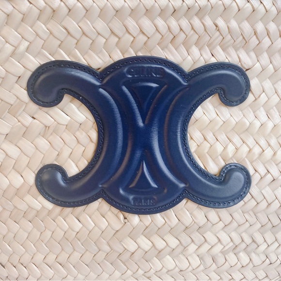 CELINE Triomphe logo leather trimmed raffia tote shoulder bag - Picture 6 of 10